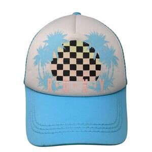 Roxy Snapback Trucker Hat Blue One Size Mesh Back Check Palm Tree